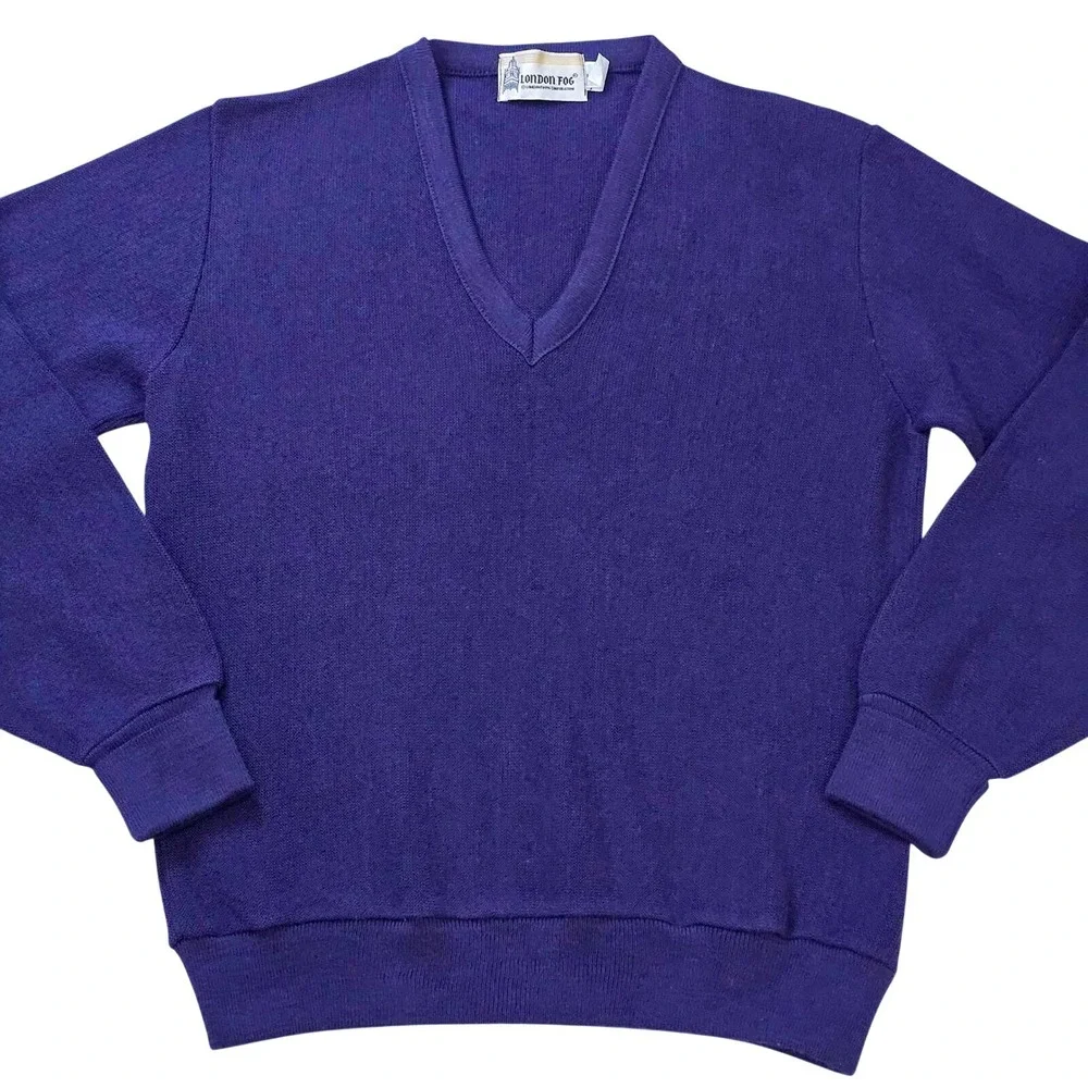 London Fog Men's Size Small V-Neck Sweater Deep Blue Made in USA Vintage 80s GVC